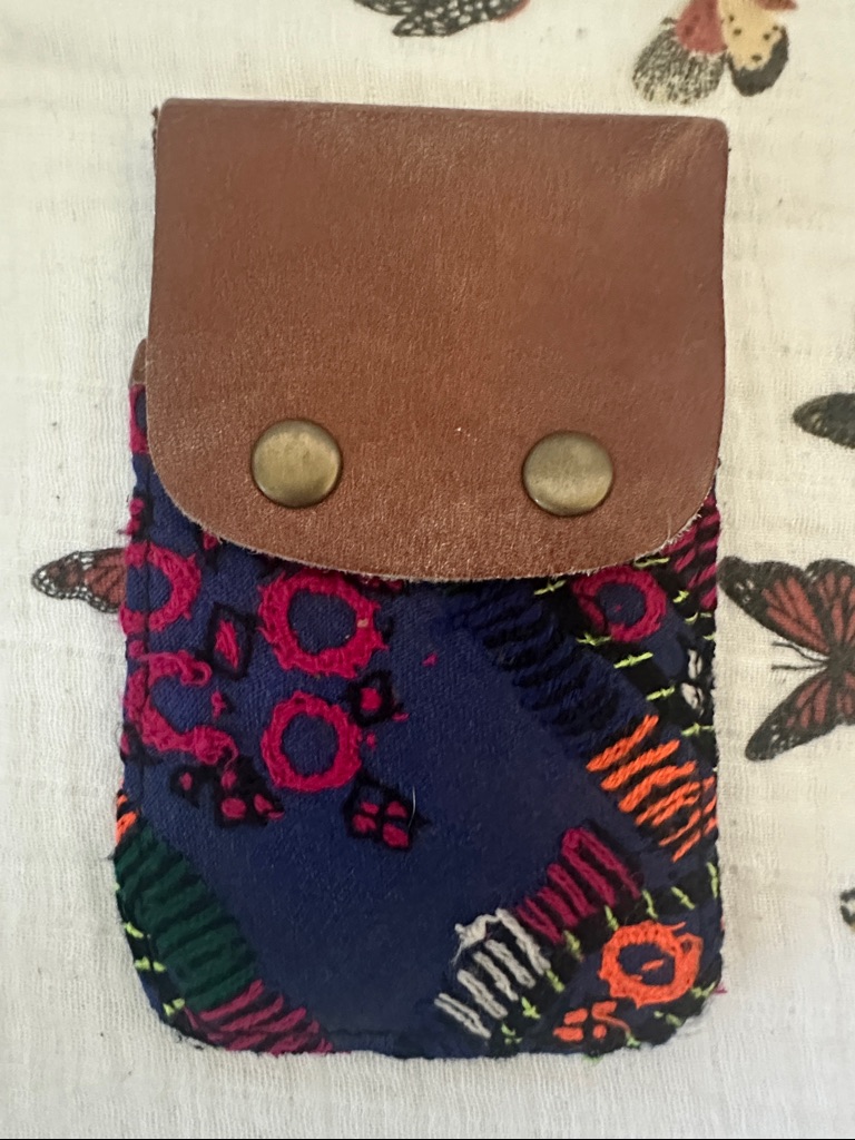 Free People Multicolor Embroidered Card Holder With Brown Leather Flap